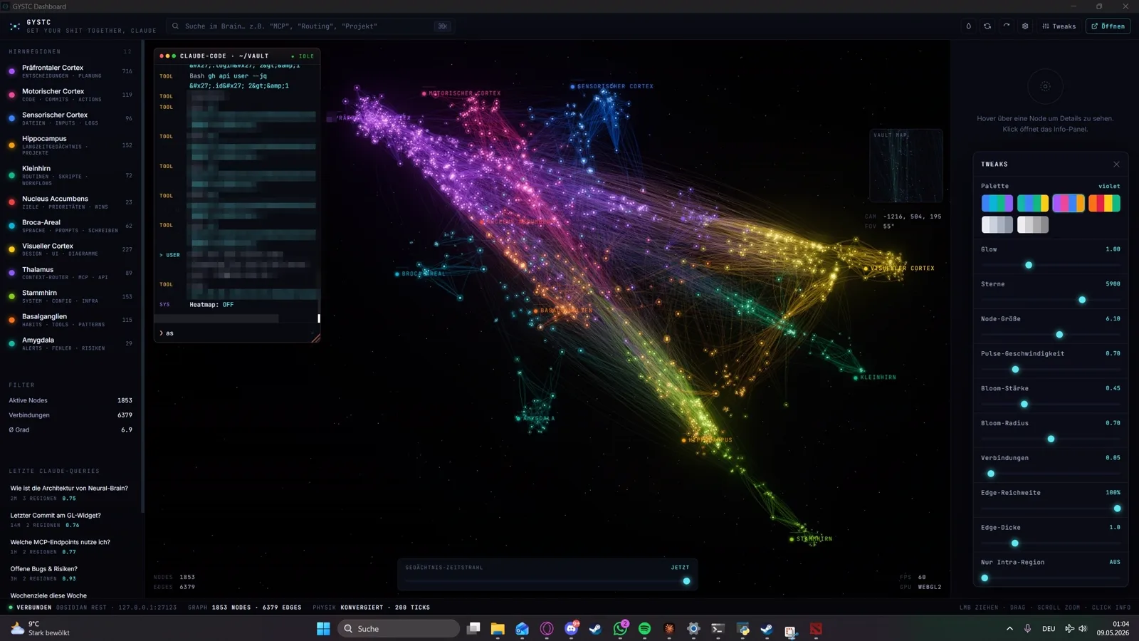 The GYSTC dashboard: the vault drawn as a force directed graph, nodes coloured by brain region, with a live activity terminal.