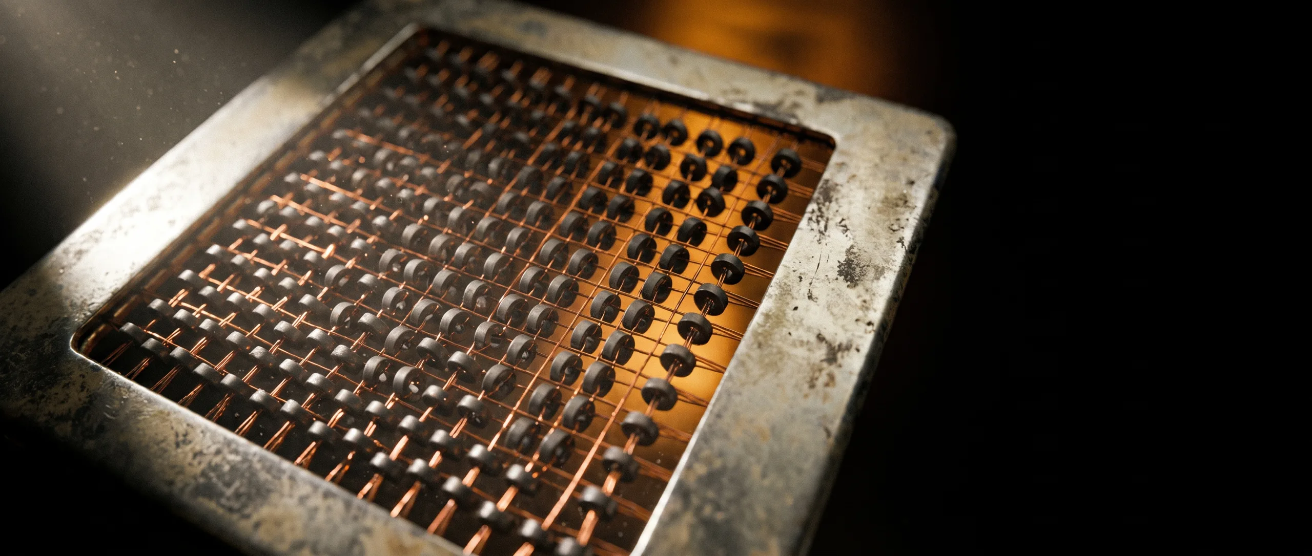 Macro photograph of a magnetic core memory plane: ferrite rings threaded on fine copper wire in a woven grid.